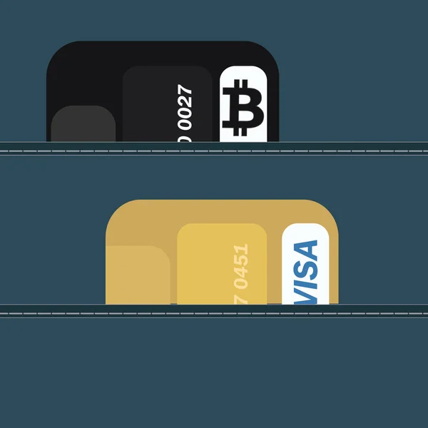 暗号通貨交換の概念 財布には暗号通貨と通貨用のプラスチックカードが含まれています ベクターイラスト — ストックベクタ