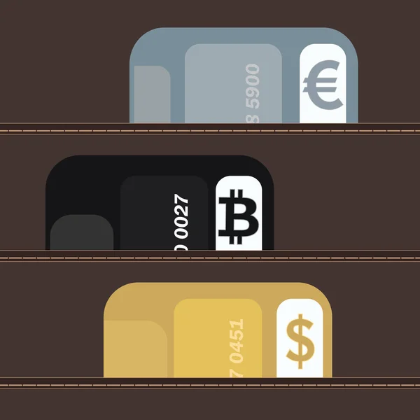 暗号通貨交換の概念 財布には暗号通貨と通貨用のプラスチックカードが含まれています ベクターイラスト — ストックベクタ