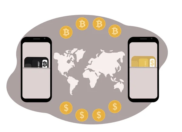 暗号通貨交換の概念 仮想通貨と通貨のためのプラスチックカード付き財布のイラストと携帯電話 ベクトルイラスト — ストックベクタ