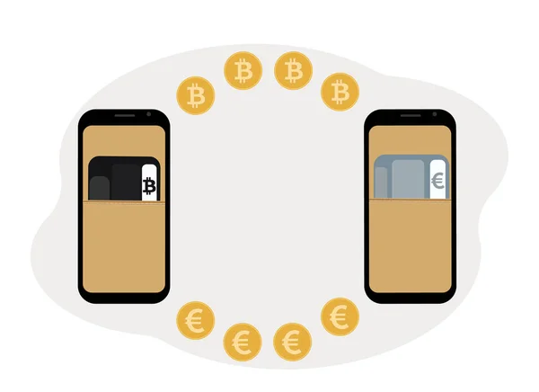 暗号通貨交換の概念 仮想通貨と通貨のためのプラスチックカード付き財布のイラストと携帯電話 ベクトルイラスト — ストックベクタ