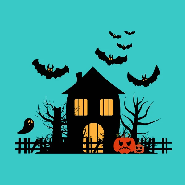Ilustración Vectorial Para Celebración Halloween Casa Embrujada Cerca Murciélagos Calabazas — Archivo Imágenes Vectoriales