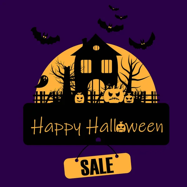 Ilustración Vectorial Sobre Venta Halloween Casa Embrujada Cerca Murciélagos Calabazas — Vector de stock