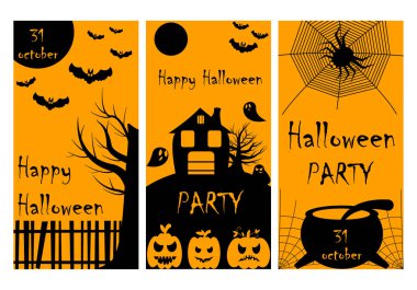 Cadılar Bayramı partisi davetiyeleri veya geleneksel sembollü tebrik kartları seti.