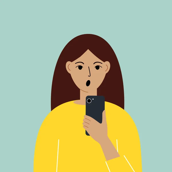 Chockad Kvinna Med Mobiltelefon Framifrån Bilder Läsa Prata Smartphone Och — Stock vektor