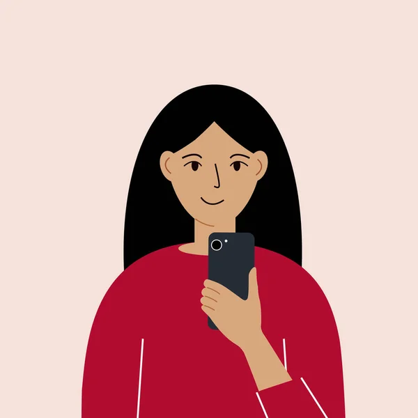 Mujer Alegre Con Teléfono Móvil Vista Frontal Tomando Fotos Leyendo — Vector de stock