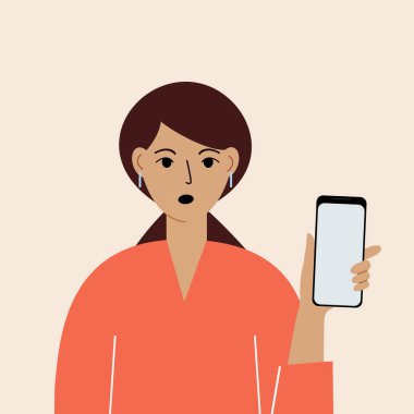 Şok olmuş bir kadın, cep telefonu, ön görüş. Fotoğraf çekmek, okumak, sohbet etmek. Akıllı telefon ve internet bağımlılığı. Vektör illüstrasyonu.