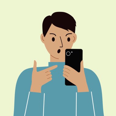 Cep telefonu olan kızgın bir adam. Telefona işaret ediyor. Haberler. Akıllı telefon ve internet bağımlılığı. Vektör illüstrasyonu.