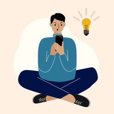 Telefonu kullanan genç bir adam bağdaş kurup fikir üretiyor. Bir fikir ve ilham bulma kavramı. Vektör illüstrasyonu.
