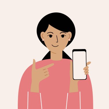 Cep telefonu olan neşeli bir kadın, ön manzara. Parmağını telefon ekranına gösteriyor. Haberler. Akıllı telefon ve internet bağımlılığı. Vektör illüstrasyonu.