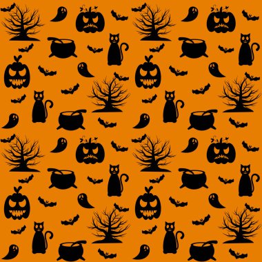 Cadılar Bayramı modeli. Turuncu arka planda, balkabağının siyah siluetleri, bir kedi, kuru bir ağaç, bir kazan ve bir hayalet. Vektör illüstrasyonu.