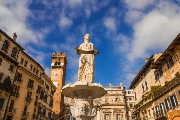 Fontana dei Madonna Verona with Palazzo Maffei and Torre del Gardello in the background — Stock Photo, Image