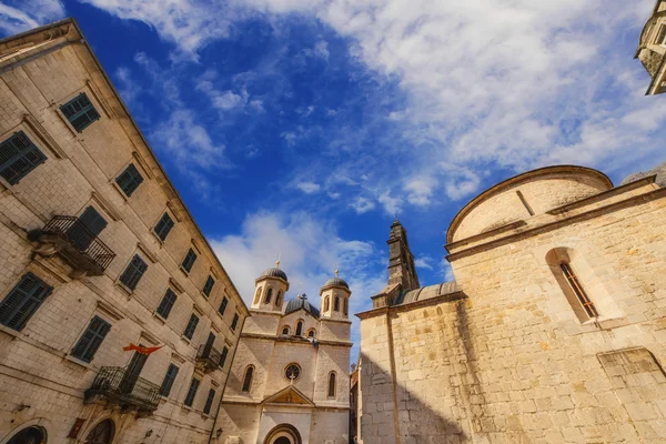 Wide angle photo of St. Nicholas church on St. Luke square in Kotor old town, Montenegro — Stock Photo, Image