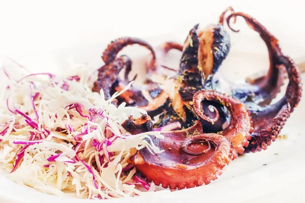 Grilled octopus with purple cabbage side salad (selective focus) — Stock Photo, Image