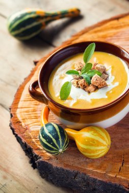 Otlar (seçici odak ile dekore edilmiş bir mevsimsel kabak çorbası)