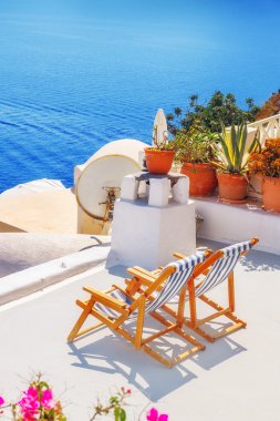 Şezlong caldera, Oia Köyü, Santorini, Yunanistan Manzaralı