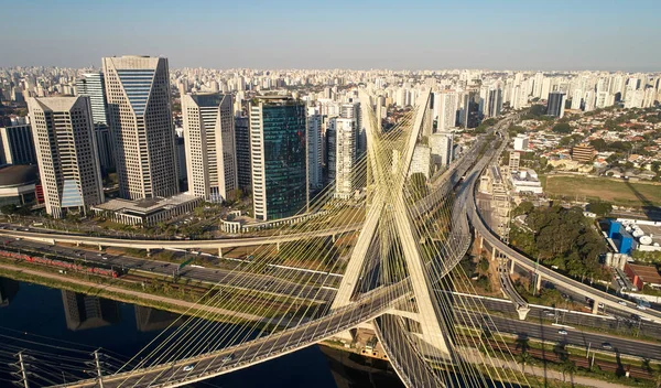 Cable-stayed bridge or Estaiada bridge (Ponte Estaiada), over the Pinheiros river and Marginal Pinheiros, at Sao Paulo city. Brazil.