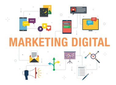 Beyaz arka planda ikon tasarımı olan dijital pazarlama kavramı. Megafonun vektör simgeleri, akıllı telefon, sosyal medya, ağ, sohbet ve rapor.