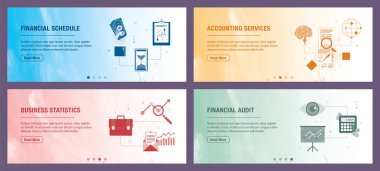 Finansal program, muhasebe hizmetleri, iş istatistikleri, mali denetim ile dikey web afiş vektör kümesi. Simge seti ile web sitesi ve mobil uygulama geliştirme için vektör afiş şablonu.