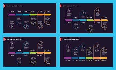 Zaman periyodları, iş akışı ya da işlem diyagramı, akış şeması olan zaman çizelgesi. İnternet, sunumlar, raporlar ve diğer görselleştirmeler için vektör şablonu.