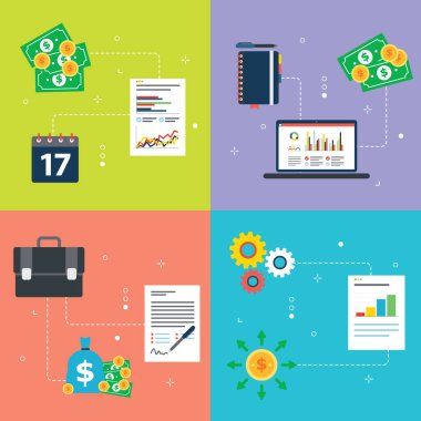 Yatırım, veri, yönetim, rapor, kağıt işleri ve bilgisayar simgeleri. Yatırım verileri, mali yönetim, sözleşme imzası ve mali rapor kavramları. Vektör illüstrasyonunda düz tasarım simgeleri.