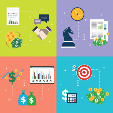 İş, finans, yatırım, strateji, büyüme ve kâr simgeleri. Ticari finans, yatırım ve strateji kavramları, mali tablolar, büyüme ve kâr. Vektör illüstrasyonunda düz tasarım simgeleri.