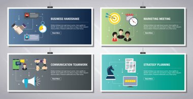İş tokalaşması, pazarlama toplantısı, iletişim takım çalışması ve strateji simgeleriyle birlikte web afişlerinin tasarımı. Vektör illüstrasyonunda düz tasarım simgeleri.