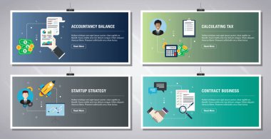 Web afişleri, muhasebe dengesi, vergi hesaplama, başlangıç stratejisi ve sözleşme işi simgeleriyle vektörel olarak tasvir edilir. Vektör illüstrasyonunda düz tasarım simgeleri.