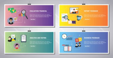 Değerlendirme finansal ikonları, rapor geri bildirim, analiz ve değerlendirme, ticari geri bildirim içeren web afişlerinin şablonları. Vektör illüstrasyonunda düz tasarım simgeleri.