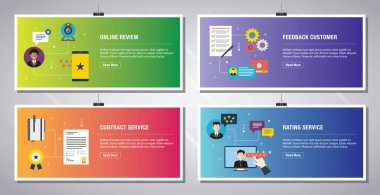 Web pankartları, çevrimiçi gözden geçirme simgeleri, geri bildirim müşterisi, sözleşme hizmeti ve derecelendirme hizmeti içeren bir şablon şablonudur. Vektör illüstrasyonunda düz tasarım simgeleri.