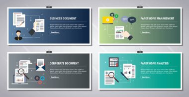Web afişleri, iş belgelerinin simgeleriyle, evrak işleriyle, şirket belgeleriyle, evrak analizleriyle birlikte tasvir edilir. Vektör illüstrasyonunda düz tasarım simgeleri.