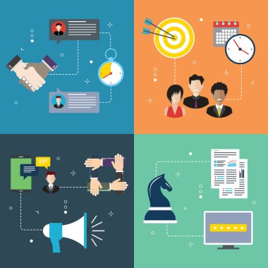 İş, pazarlama iletişimi ve strateji simgeleri. İş tokalaşması, pazarlama toplantısı, iletişim takım çalışması ve strateji kavramları. Vektör illüstrasyonunda düz tasarım simgeleri. 