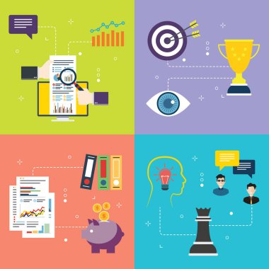 İş, yatırım, takım çalışması, başarı, strateji ve finansal ikonlar. Finans piyasası kavramları, takım çalışması başarısı, iş yatırımları ve takım çalışması stratejisi. Vektör illüstrasyonunda düz tasarım simgeleri.