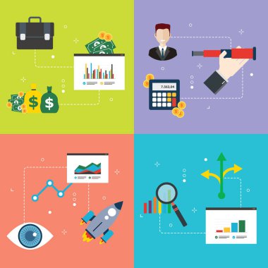İş, finans, yatırım, tahmin, vizyon ve büyüme ikonları. Yatırım fırsatları, iş vizyonu, büyüme vizyonu ve finans kararı kavramları. Vektör illüstrasyonunda düz tasarım simgeleri.