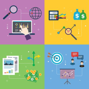 Yatırım, gelir analizi, finans, büyüme ve raporlama simgeleri. Borsa yatırımları, gelir analizleri, finans büyümesi, rapor analizleri. Vektör illüstrasyonunda düz tasarım simgeleri.