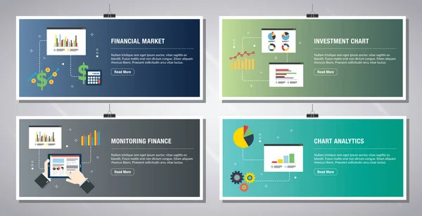 Webbanners Sjabloon Vector Met Pictogrammen Van Financiële Markt Investeringstabel Monitoring — Stockvector