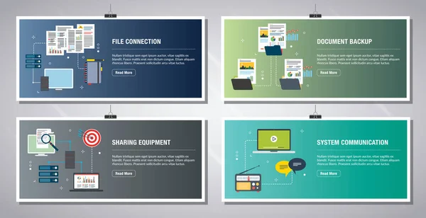 ファイル接続 ドキュメントバックアップ 共有機器およびシステム通信のアイコンをベクトルにしたWebバナーテンプレート ベクトル図のフラットデザインアイコン — ストックベクタ