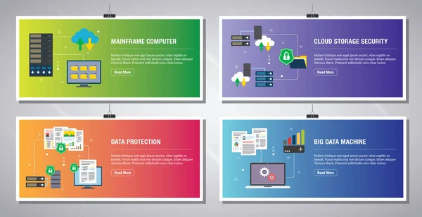 Веб Баннеры Шаблон Векторе Иконками Мэйнфреймового Компьютера Облачной Безопасности Хранения — стоковый вектор