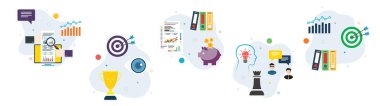 İş, yatırım, takım çalışması, başarı, strateji ve finansal ikonlar. Finans piyasası kavramları, takım çalışması başarısı, iş yatırımları ve takım çalışması stratejisi. Vektör illüstrasyonunda düz tasarım simgeleri.