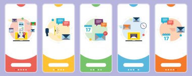 E-posta pazarlama, iletişim, bilgilendirme, bilgisayar ve pazarlama simgeleri. E- posta pazarlama, internet iletişimi, bildirim e-postası ve e-posta gelen kutusu kavramları. Web pankartları vektör ilüstrasyonunda düz tasarım simgeleriyle şablon şeklinde.