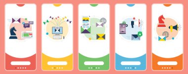 Strateji, iletişim, güvenlik, pazarlama ve iş ikonları. İletişim kavramları, strateji e-postası gönderimi, haber bülteni ve güvenlik e-posta gönderiyor.Web pankartları vektör ilüstrasyonunda düz tasarım simgeleriyle şablon şeklinde.