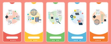 İş, evrak işleri, yönetim, rapor ve organizasyon simgeleri. İş evrakları, yönetim raporu, evrak organizasyonu, dosya organizasyonu. Vektör illüstrasyonunda düz tasarım simgeleri olan web pankartları şablonu.