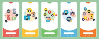 Ağ, kablosuz, iletişim, sosyal medya ve bağlantı simgeleri. Kablosuz ağ kavramları, sanal iletişim, sosyal ağ, bağlantı dijital. Vektör illüstrasyonunda düz tasarım simgeleri olan web pankartları şablonu.