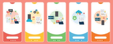  Paylaşım, veri, yedekleme, belgeler ve güvenli simgeler. Dosya paylaşımı, paylaşılan belgeler, veri yedekleme ve dosyaları güvenli bir şekilde indirme kavramları. Teknoloji ve bilgisayar simgesi seti. Vektör illüstrasyonunda düz tasarım simgeleri olan web pankartları şablonu.