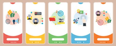 Pazarlama, iş, çözüm stratejisi ve iletişim ikonları. Pazarlama bütçesi, iş ağı, çözüm stratejisi, iletişim kavramları. Vektör illüstrasyonunda düz tasarım simgeleriyle birlikte web pankartları şablonu.