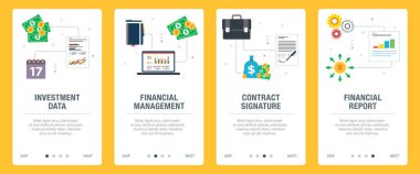 Yatırım, veri, yönetim, rapor, kağıt işleri ve bilgisayar simgeleri. Yatırım verileri, mali yönetim, sözleşme imzası ve mali rapor kavramları. Vektör illüstrasyonunda düz tasarım simgeleriyle birlikte web pankartları şablonu.