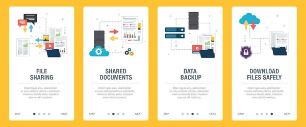 Compartir Datos Copias Seguridad Documentos Iconos Seguros Conceptos Intercambio Archivos — Vector de stock