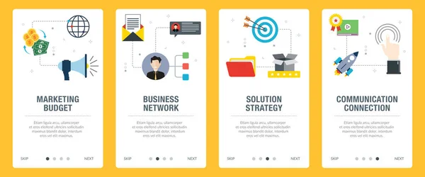 Marketing Biznes Strategia Rozwiązania Ikony Komunikacji Koncepcje Budżetu Marketingowego Sieci — Wektor stockowy