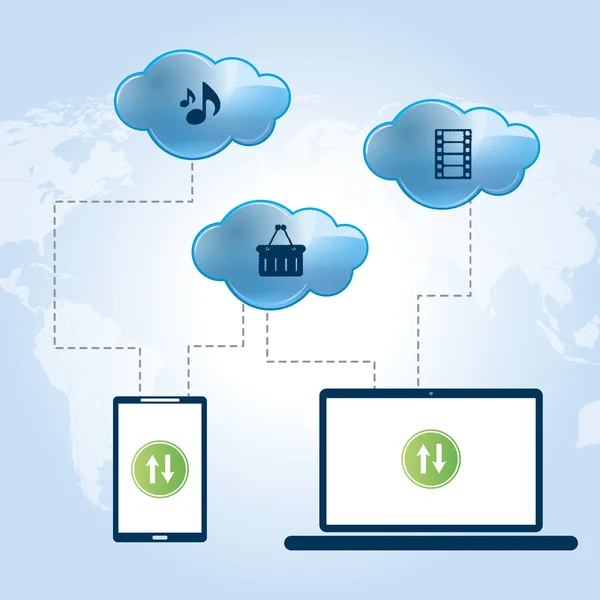 Ordinateur portable et tablette connectés dans servi dans le nuage — Image vectorielle