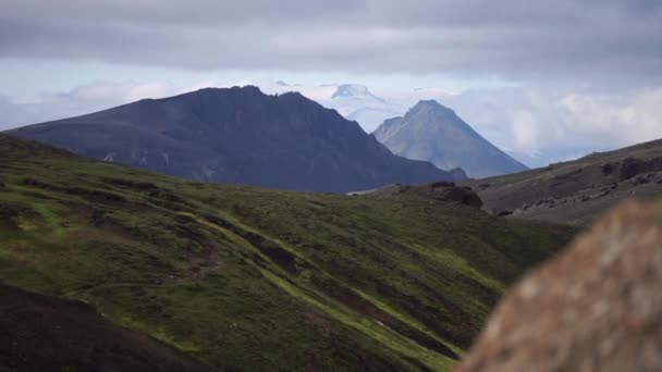 Πράσινο πεδίο με βρύα και βουνοκορφή στο μονοπάτι πεζοπορίας Laugavegur, Ισλανδία — Αρχείο Βίντεο