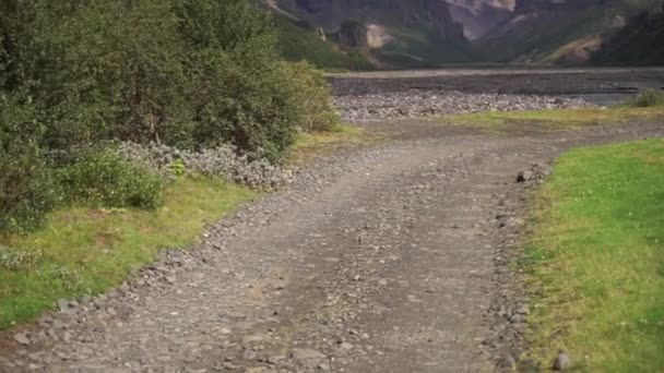 Widok na Mountain Road w Thorsmork z lodowcem, Islandia — Wideo stockowe